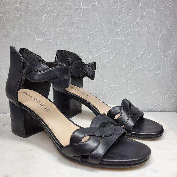 VTG Via Spiga Janel Heels Womens 7 Black Leather Chunky Twisted Strap Block Heel - Picture 2 of 16